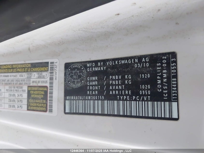 2010 Volkswagen Golf VIN: WVWAA7AJ1AW366159 Lot: 12446364