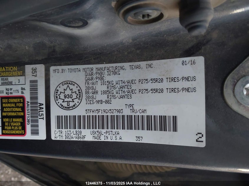 5TFHY5F19GX527903 2016 TOYOTA TUNDRA photo no. 9