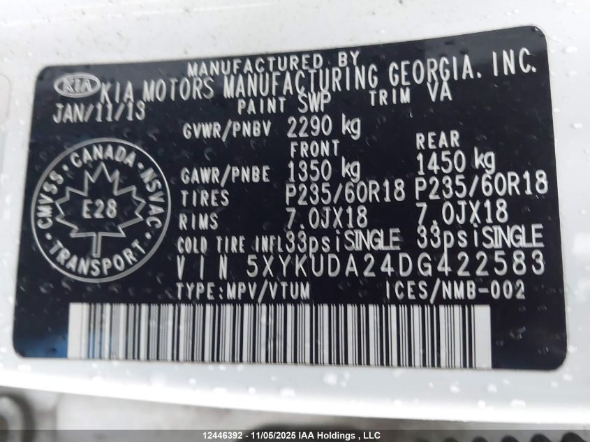 2013 Kia Sorento Ex VIN: 5XYKUDA24DG422583 Lot: 12446392