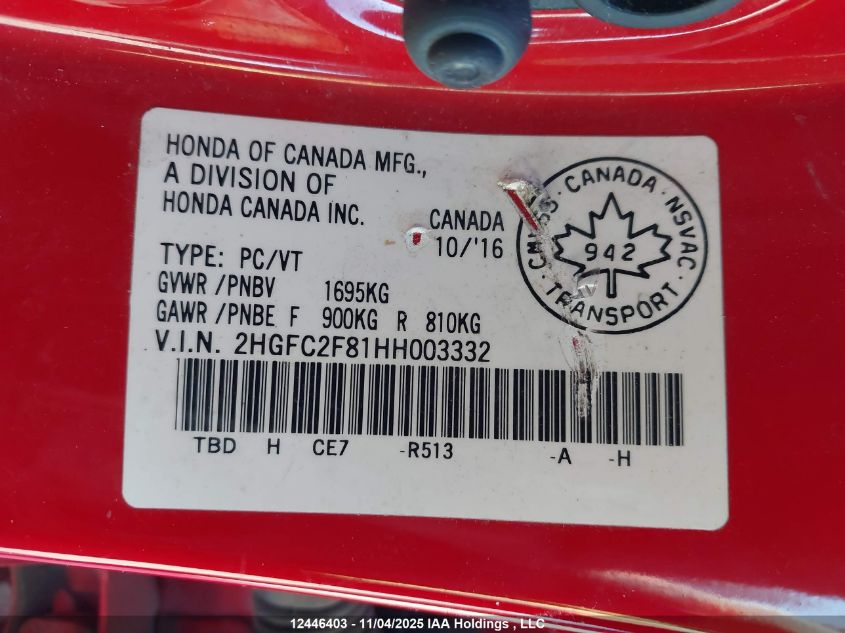 2017 Honda Civic Ex VIN: 2HGFC2F81HH003332 Lot: 12446403
