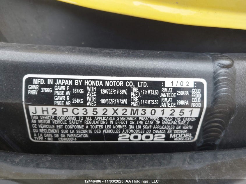 2002 Honda Cbr600 F4/Canada VIN: JH2PC352X2M301251 Lot: 12446406