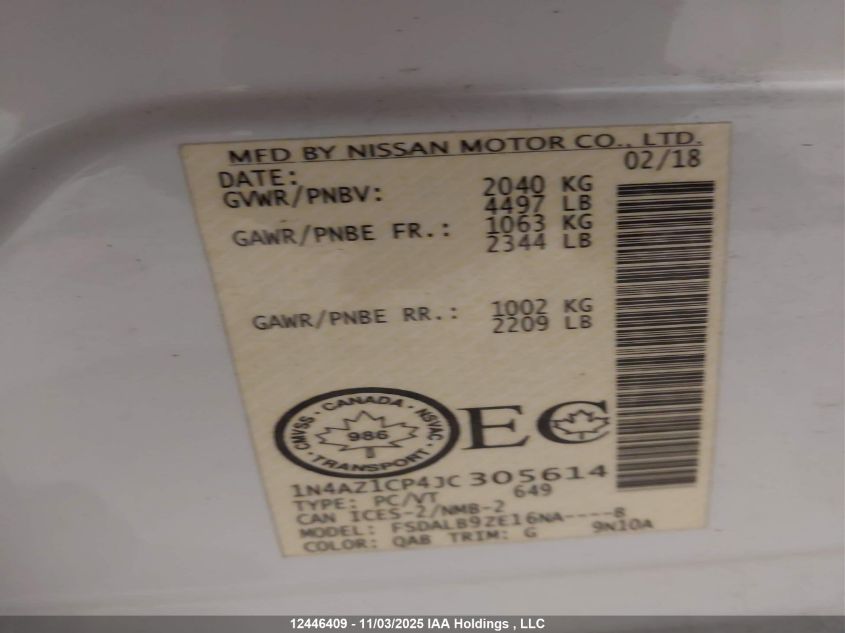 2018 Nissan Leaf S/Sv/Sl VIN: 1N4AZ1CP4JC305614 Lot: 12446409
