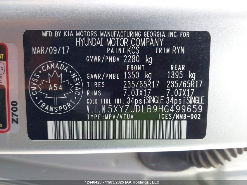 5XYZUDLB9HG499659 2017 HYUNDAI SANTA FE photo no. 9