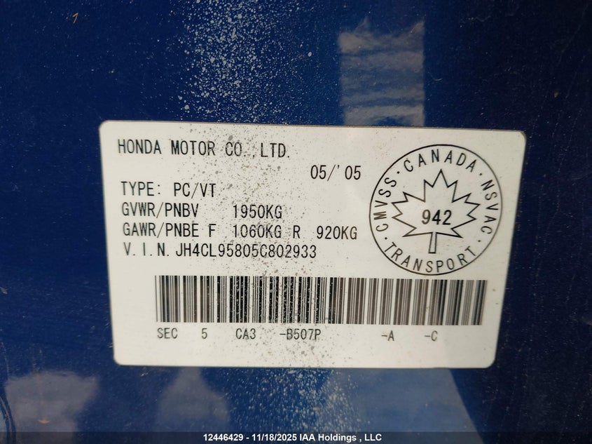 2005 Acura Tsx VIN: JH4CL95805C802933 Lot: 12446429