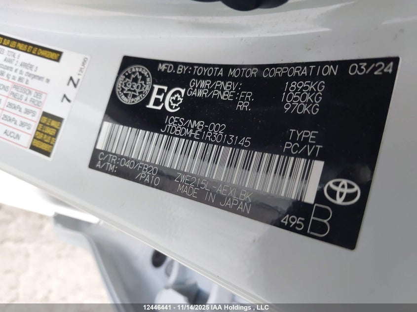 2024 Toyota Corolla Hybrid VIN: JTDBDMHE1R3013145 Lot: 12446441