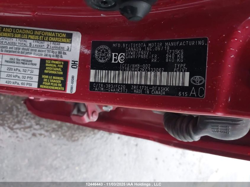 2019 Toyota Corolla Se VIN: 2T1BURHE2KC133062 Lot: 12446443