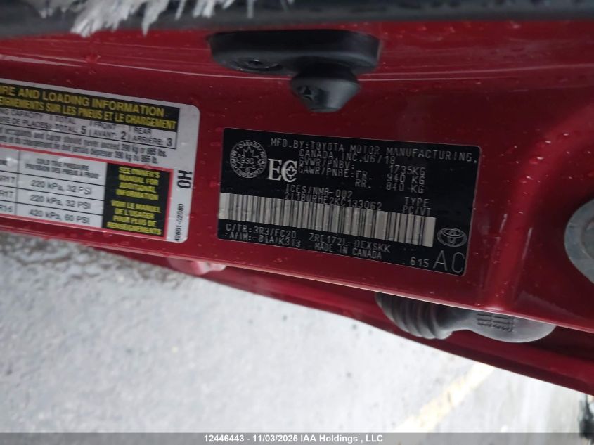 2019 Toyota Corolla Se VIN: 2T1BURHE2KC133062 Lot: 12446443