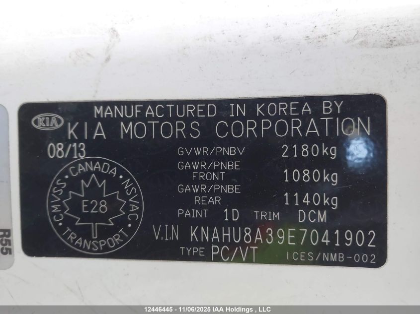 2014 Kia Rondo Ex/Ex Luxury/Se VIN: KNAHU8A39E7041902 Lot: 12446445
