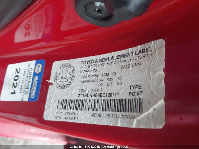 2014 Toyota Corolla VIN: 2T1BURHE4EC120771 Lot: 12446446