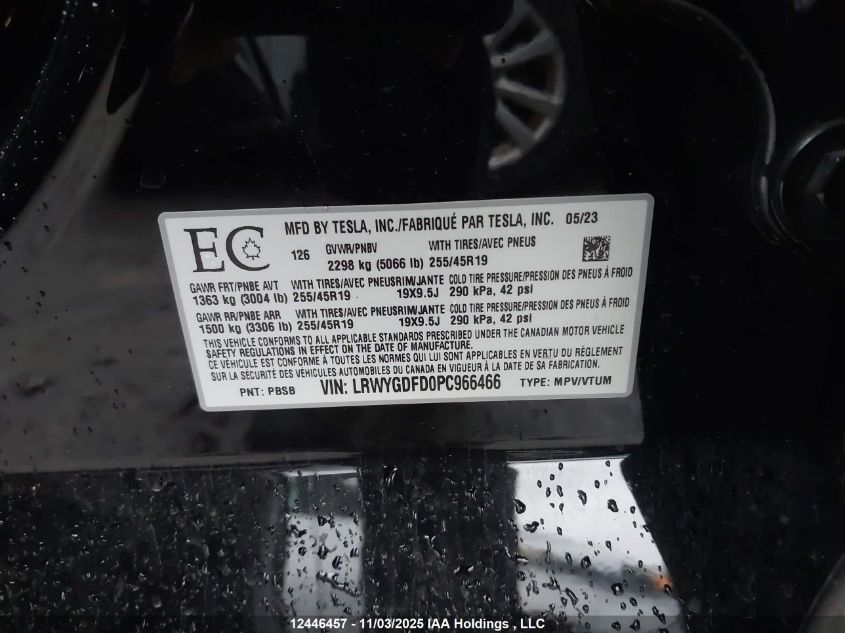 2023 Tesla Model Y VIN: LRWYGDFD0PC966466 Lot: 12446457