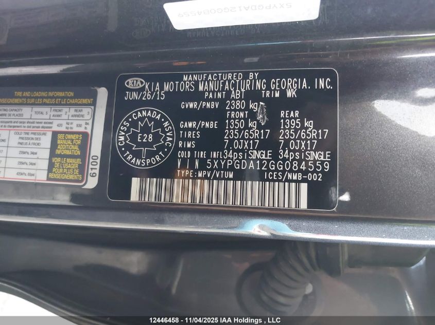 2016 Kia Sorento VIN: 5XYPGDA12GG084559 Lot: 12446458