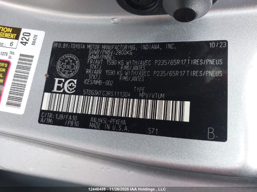 2024 Toyota Sienna Le/Xse/Limited/Platinum VIN: 5TDGSKFC3RS111304 Lot: 12446459