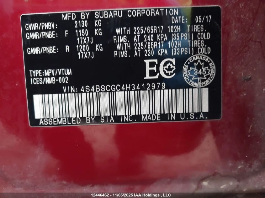2017 Subaru Outback 2.5I Premium VIN: 4S4BSCGC4H3412979 Lot: 12446462