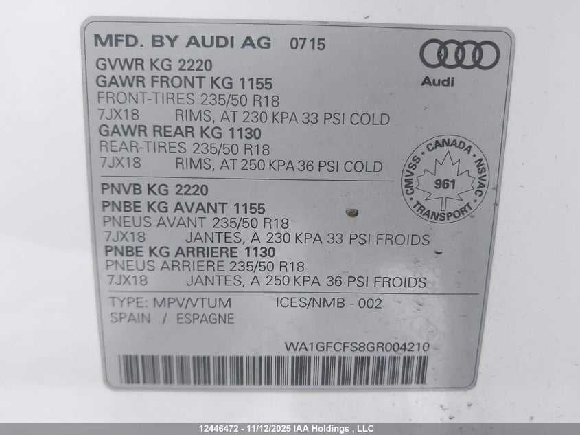 2016 Audi Q3 2.0T Technik VIN: WA1GFCFS8GR004210 Lot: 12446472