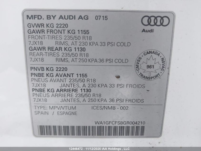 2016 Audi Q3 2.0T Technik VIN: WA1GFCFS8GR004210 Lot: 12446472