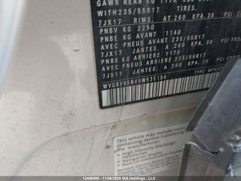 2009 Volkswagen Tiguan VIN: WVGBV95N49W535194 Lot: 12446495