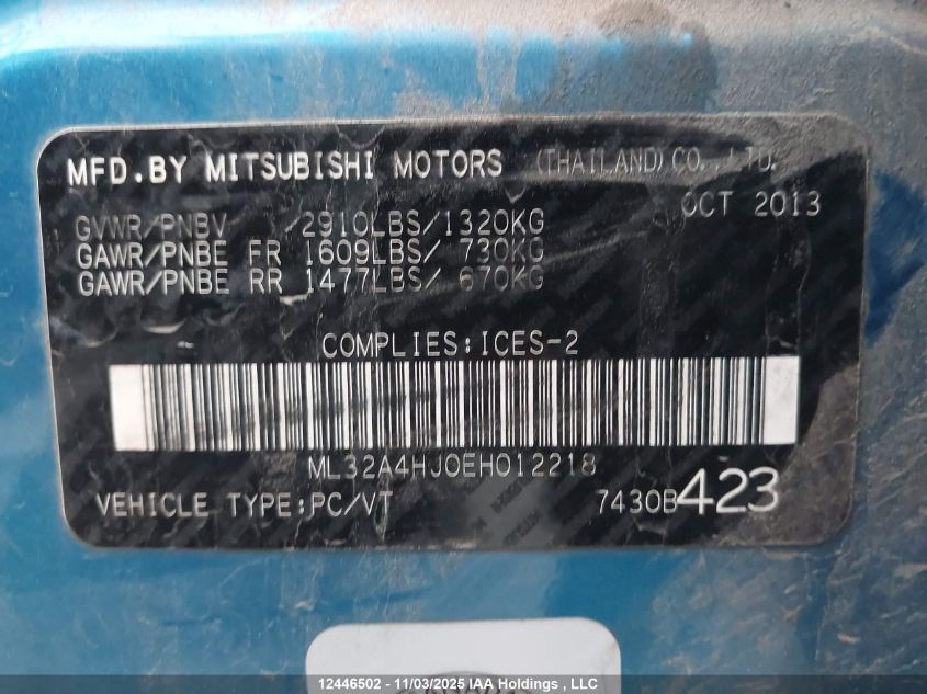 2014 Mitsubishi Mirage Es VIN: ML32A4HJ0EH012218 Lot: 12446502