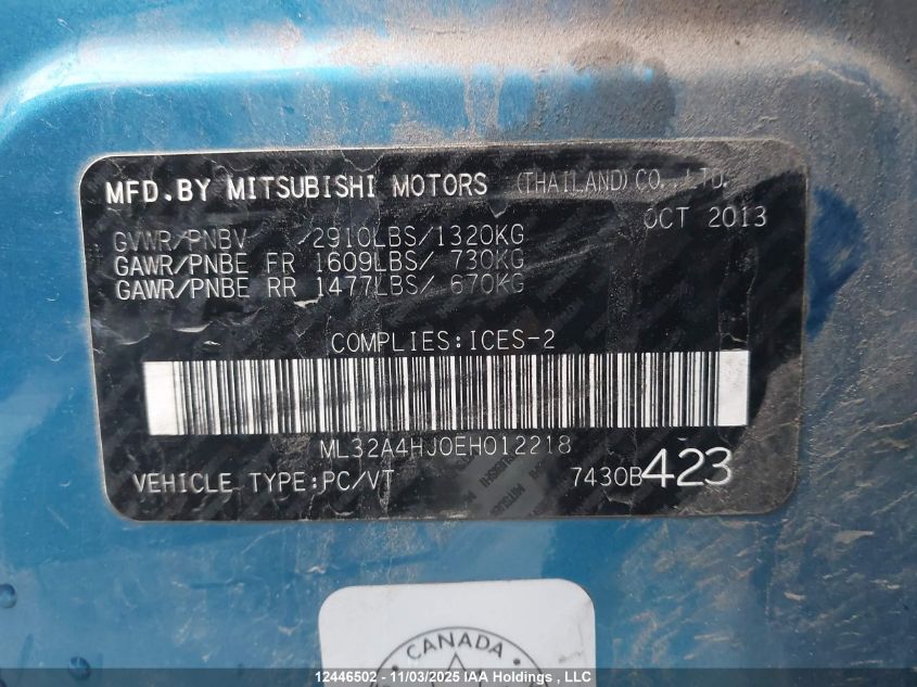 2014 Mitsubishi Mirage Es VIN: ML32A4HJ0EH012218 Lot: 12446502