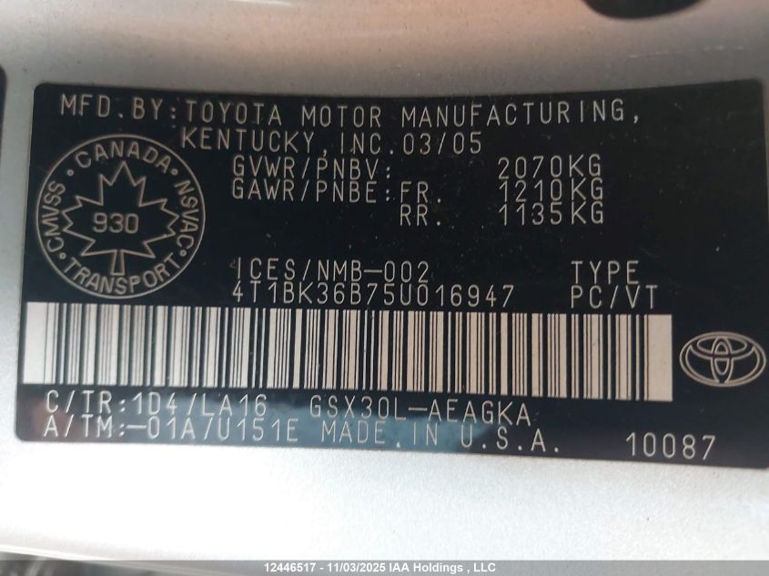 2005 Toyota Avalon VIN: 4T1BK36B75U016947 Lot: 12446517