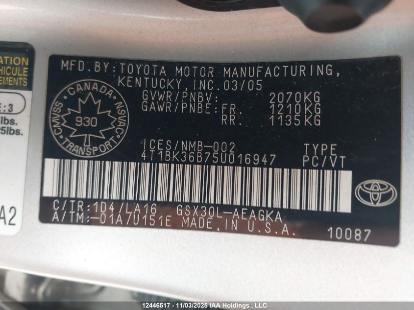 2005 Toyota Avalon VIN: 4T1BK36B75U016947 Lot: 12446517