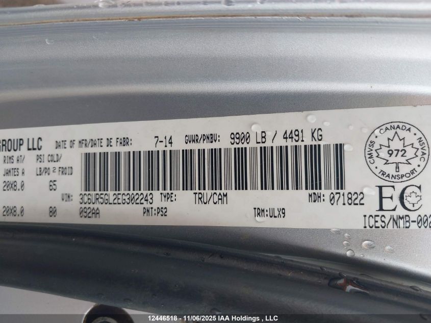 2014 Ram 2500 Longhorn VIN: 3C6UR5GL2EG302243 Lot: 12446518