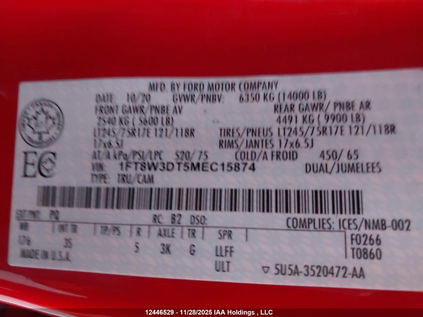 2021 Ford F350 VIN: 1FT8W3DT5MEC15874 Lot: 12446529
