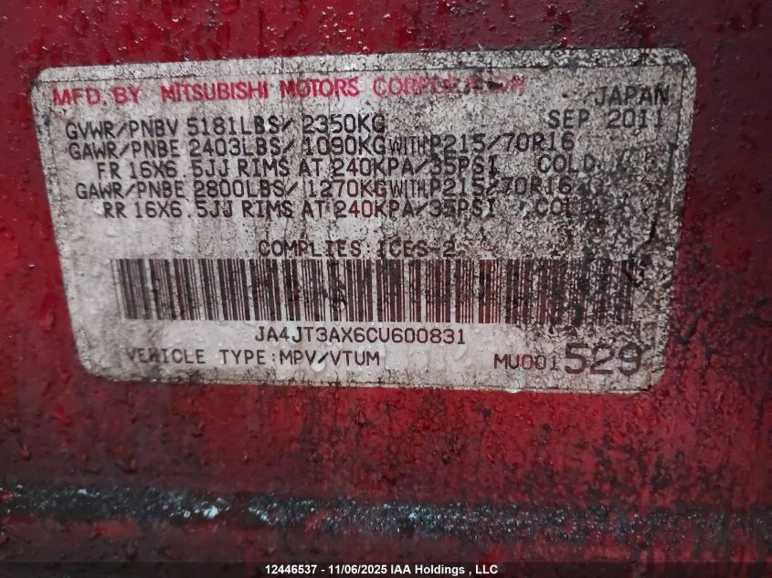 2012 Mitsubishi Outlander Se VIN: JA4JT3AX6CU600831 Lot: 12446537
