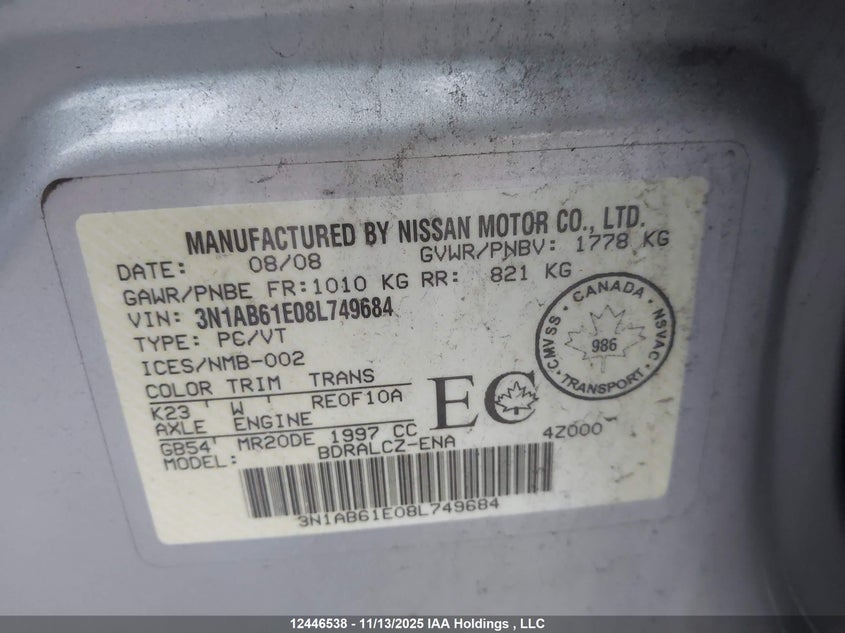 3N1AB61E08L749684 2008 NISSAN SENTRA photo no. 9
