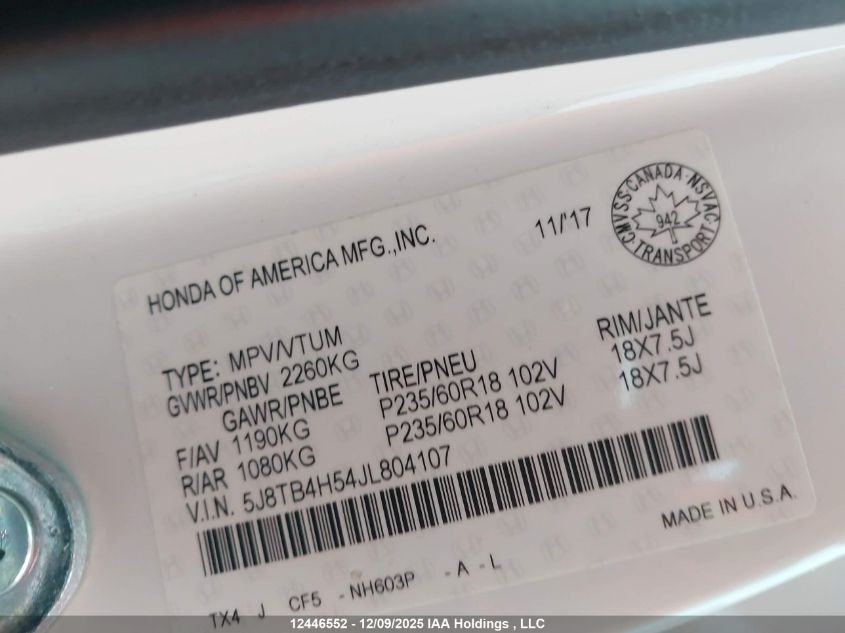 2018 Acura Rdx VIN: 5J8TB4H54JL804107 Lot: 12446552