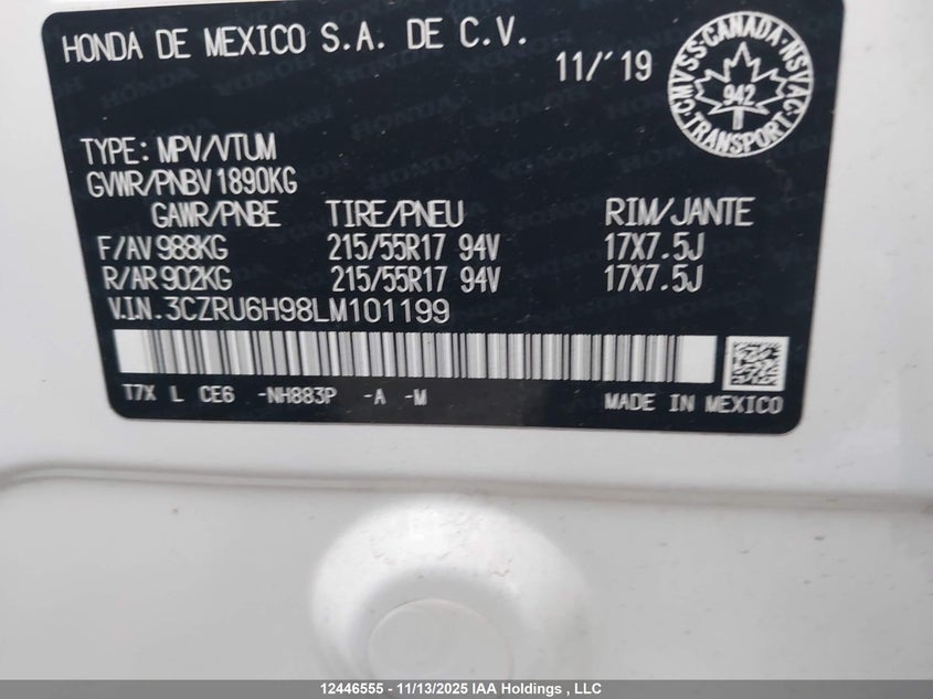 3CZRU6H98LM101199 2020 HONDA HR-V photo no. 9