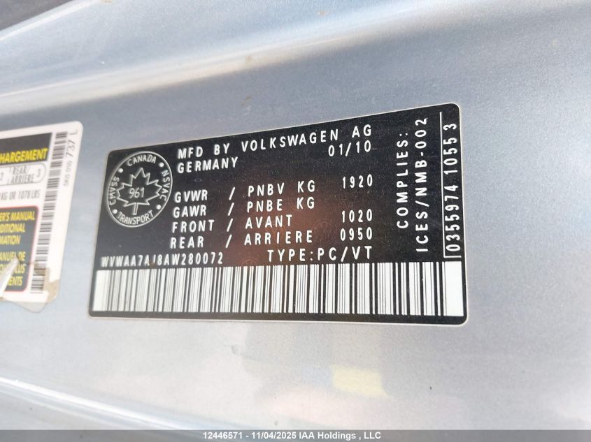 2010 Volkswagen Golf 2.5L Sportline/2.5L Trendline VIN: WVWAA7AJ8AW280072 Lot: 12446571