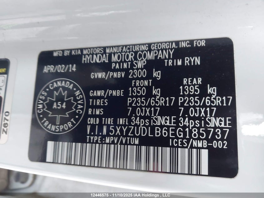 2014 Hyundai Santa Fe Sport VIN: 5XYZUDLB6EG185737 Lot: 12446575