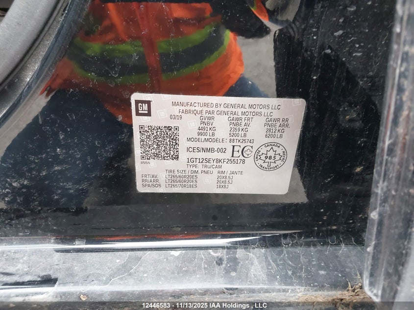 2019 GMC Sierra 2500Hd VIN: 1GT12SEY8KF255178 Lot: 12446583