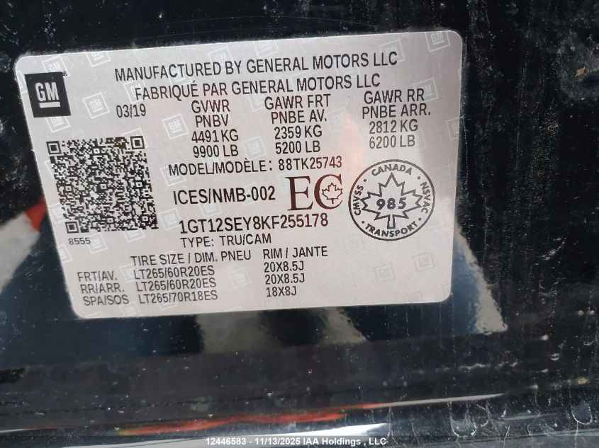 2019 GMC Sierra 2500Hd VIN: 1GT12SEY8KF255178 Lot: 12446583