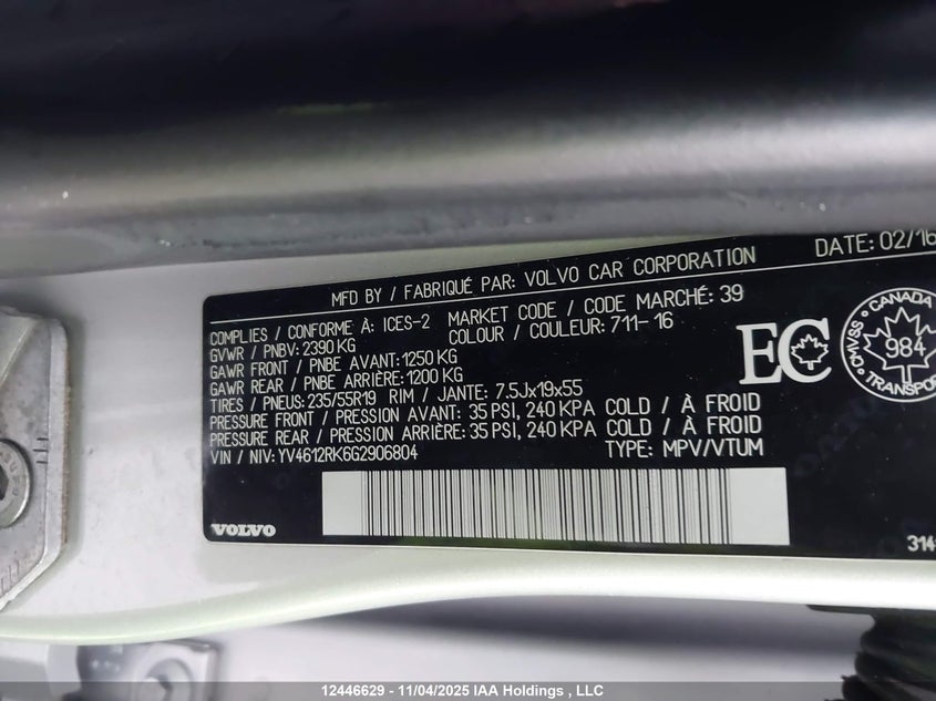 2016 Volvo Xc60 T5 Special Edition Premier VIN: YV4612RK6G2906804 Lot: 12446629