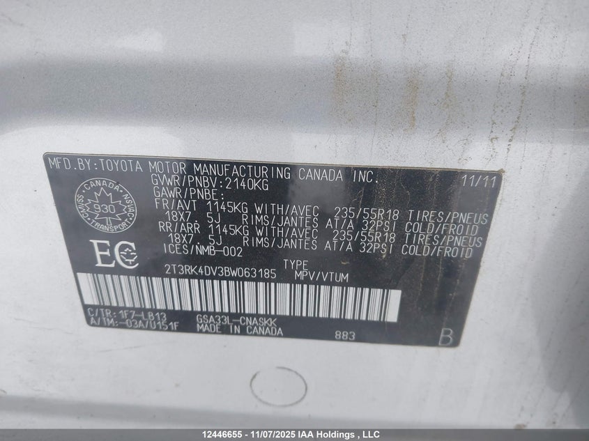 2011 Toyota Rav4 Sport V6 VIN: 2T3RK4DV3BW063185 Lot: 12446655