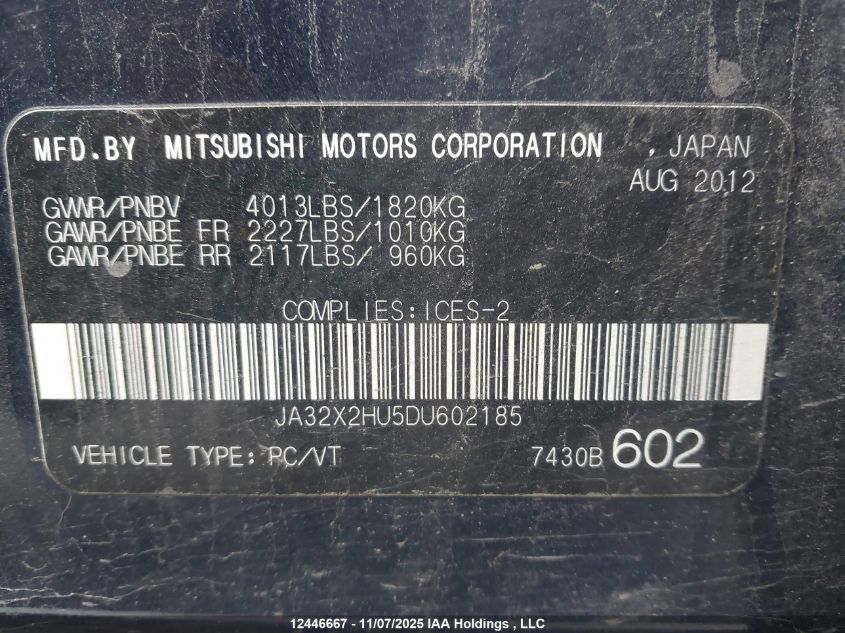 2013 Mitsubishi Lancer Es/Es Sport VIN: JA32X2HU5DU602185 Lot: 12446667