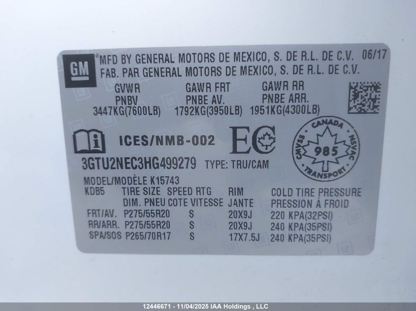 2017 GMC Sierra 1500 Slt VIN: 3GTU2NEC3HG499279 Lot: 12446671