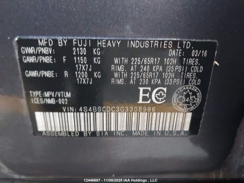 2016 Subaru Outback 2.5I Touring Package VIN: 4S4BSCDC3G3308986 Lot: 12446687