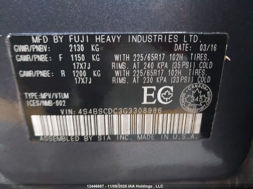 2016 Subaru Outback 2.5I Touring Package VIN: 4S4BSCDC3G3308986 Lot: 12446687