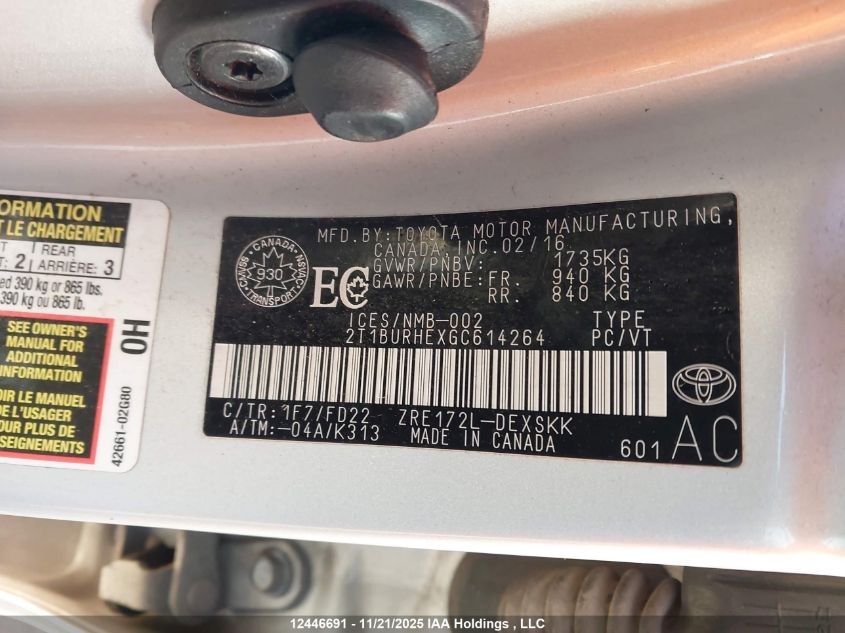 2016 Toyota Corolla L/Le/Le Pls/Prm/S/S Pls VIN: 2T1BURHEXGC614264 Lot: 12446691