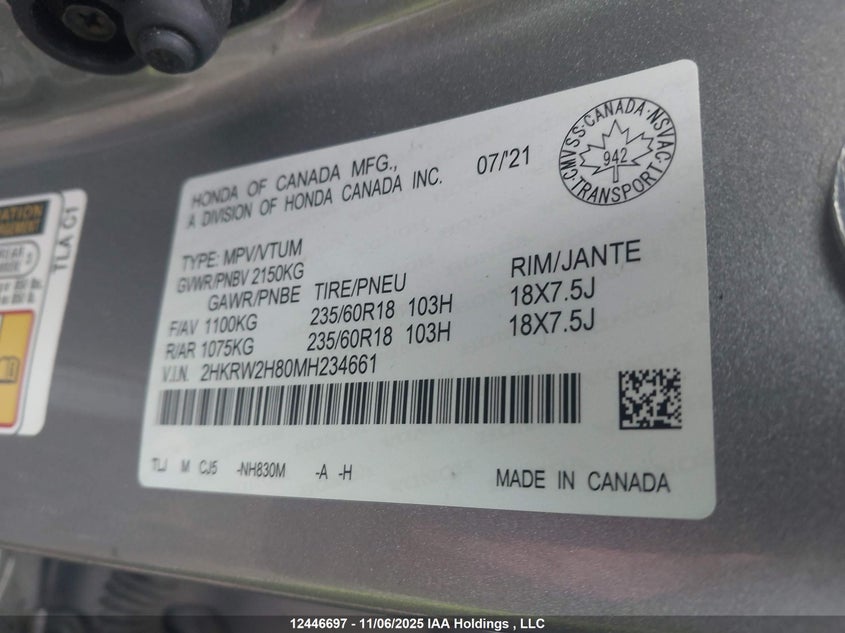 2HKRW2H80MH234661 2021 HONDA CR-V photo no. 9