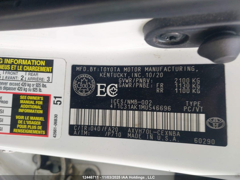 4T1C31AK1MU546696 2021 TOYOTA CAMRY photo no. 9