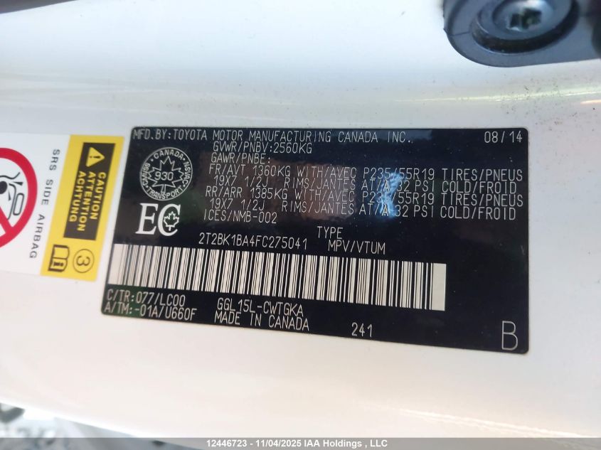 2015 Lexus Rx 350/Base/F Sport VIN: 2T2BK1BA4FC275041 Lot: 12446723