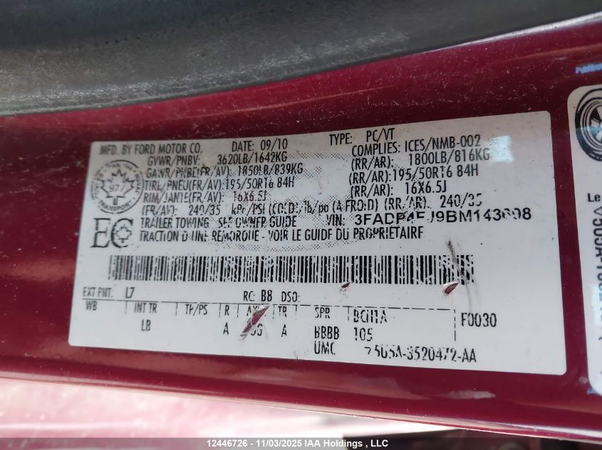 2011 Ford Fiesta Ses VIN: 3FADP4FJ9BM143698 Lot: 12446726