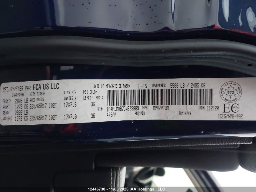 2016 Jeep Cherokee Sport VIN: 1C4PJMAB7GW209889 Lot: 12446730