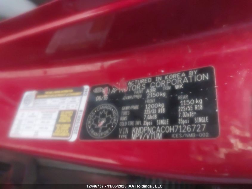 2017 Kia Sportage Ex/Ex Premium/Ex Tech VIN: KNDPNCAC0H7126727 Lot: 12446737