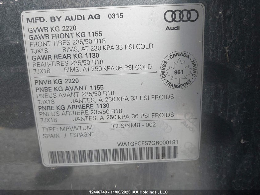 2016 Audi Q3 Prestige VIN: WA1GFCFS7GR000181 Lot: 12446740