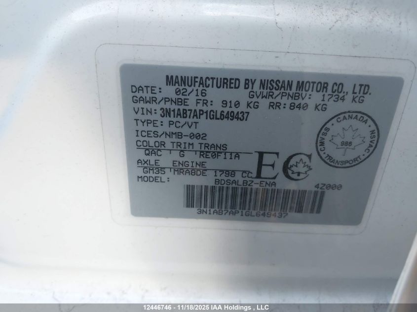 2016 Nissan Sentra 1.8 S/1.8 Sl/1.8 Sr/1.8 Sv VIN: 3N1AB7AP1GL649437 Lot: 12446746