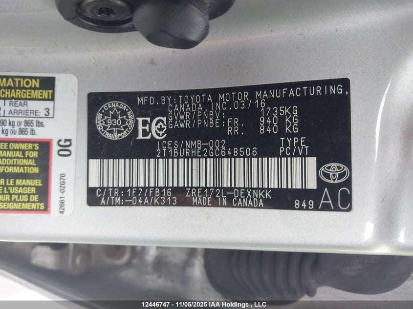 2T1BURHE2GC648506 2016 TOYOTA COROLLA photo no. 9